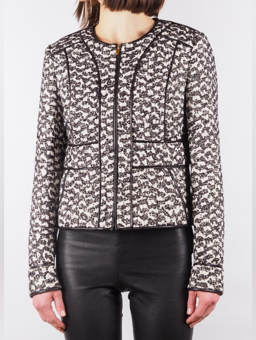 Diane Von Furstenberg Tweed Blazer With Leather Trim, Black & Off White, Size 6
